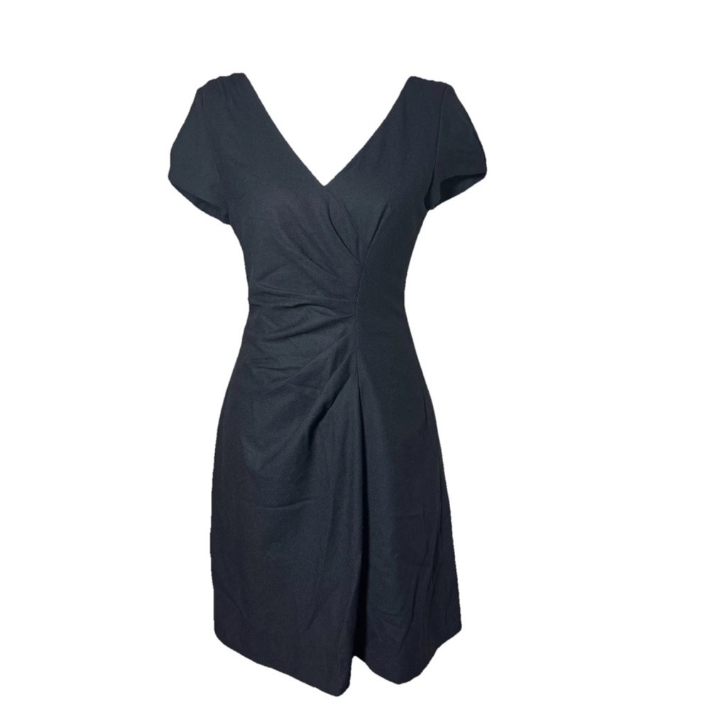 Illusion Black Wool Short Sleeve V-Neck Ruched Sheath Mini Cocktail Dress SZ 4